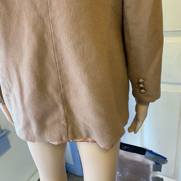 Vintage 80s Women M/L Wool Double Breasted Tan Blazer Jacket GoldButton Office - Picture 9 of 10